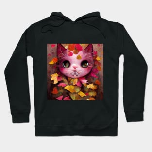 Adorable happy pink cute Kitty On The Autumn leaves cat lovers gift Hoodie